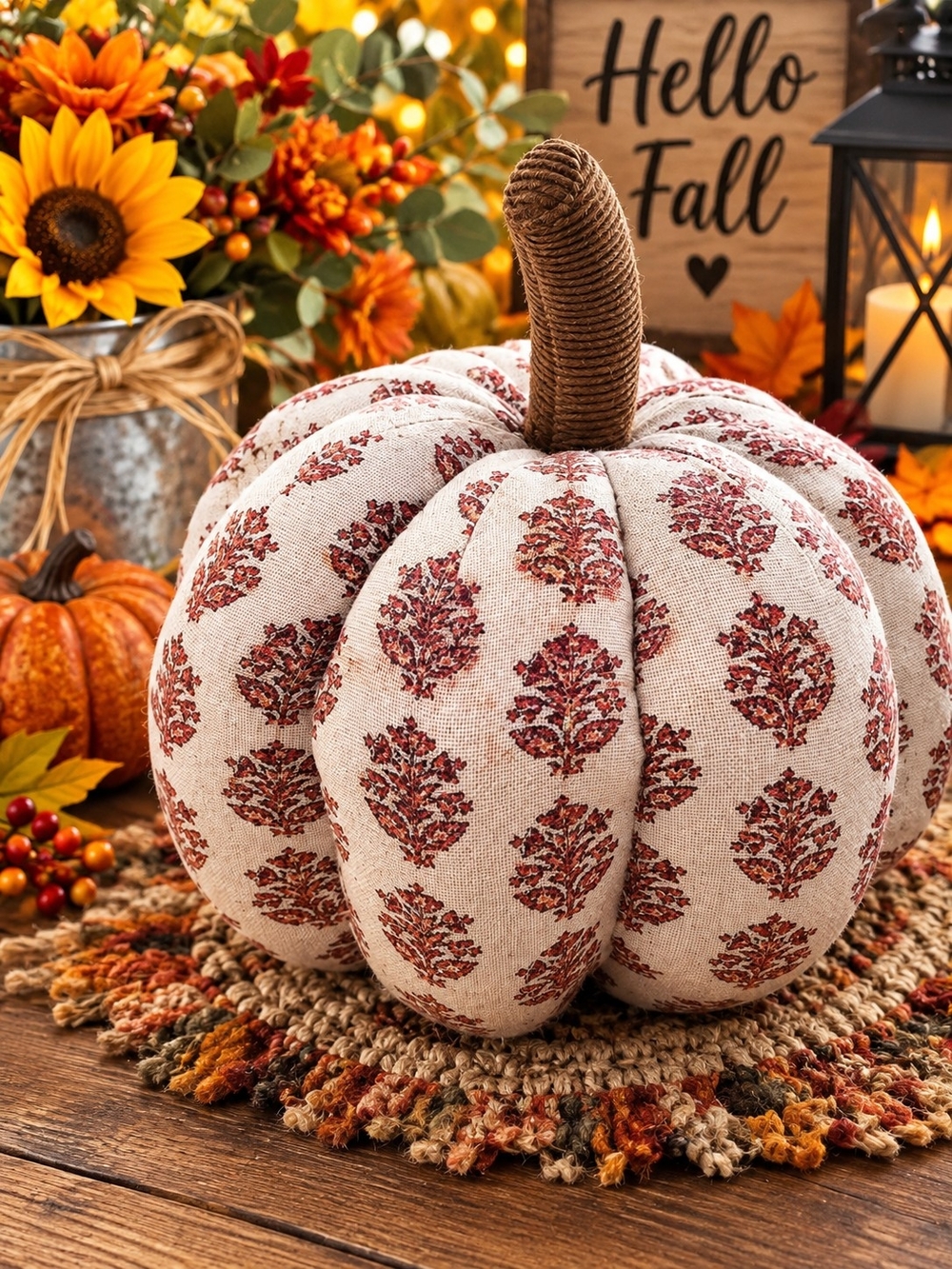 Threshild Fabric Pumpkin Décor with Rust Leaf Print